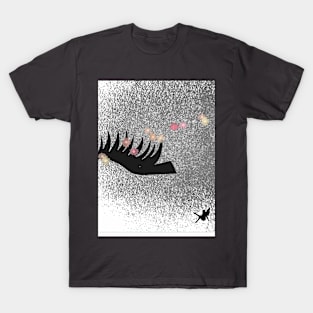 Eyelash and fairy on a dazzling floral faded silver sprayed background T-Shirt